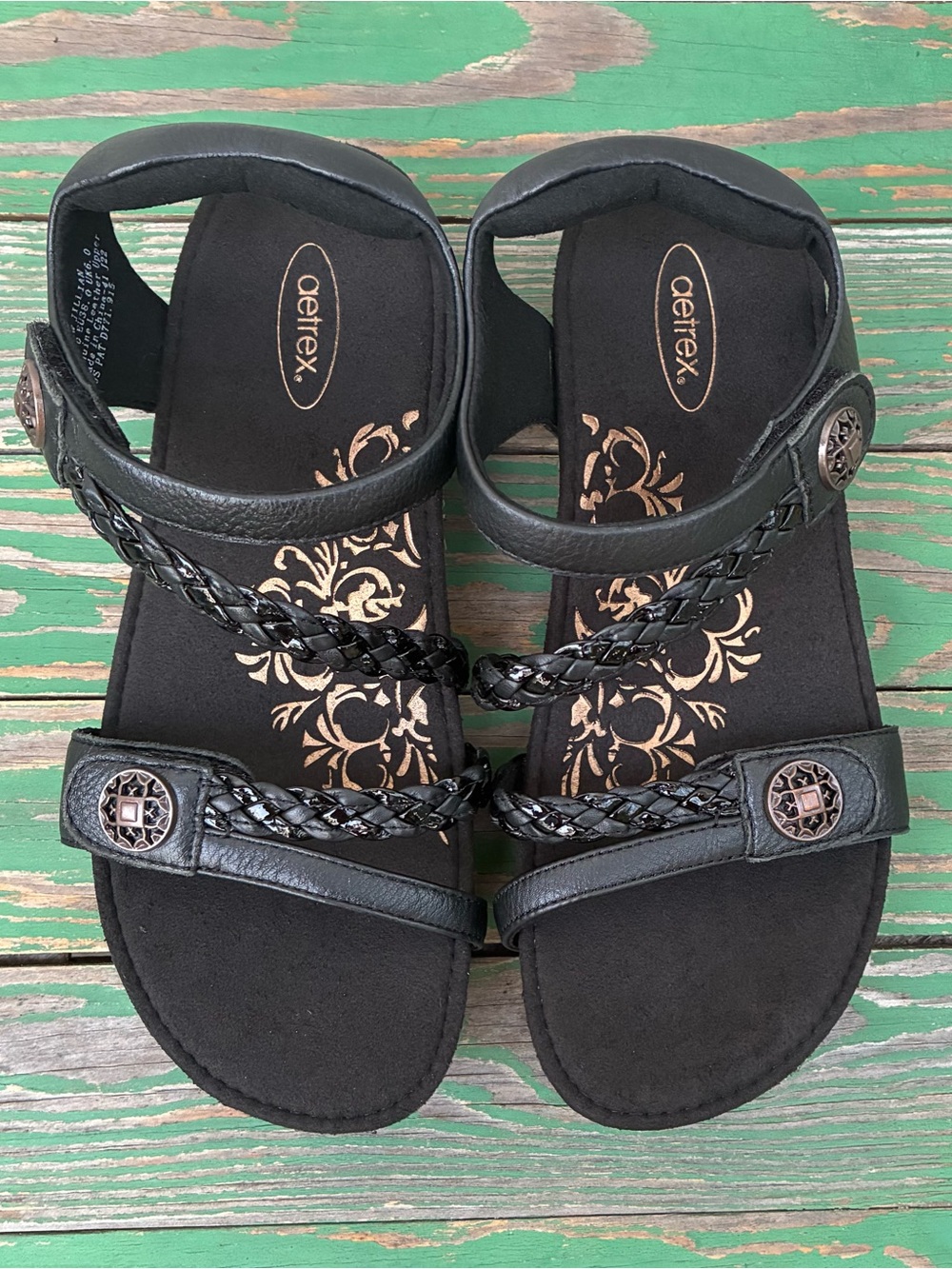 Aetrex Womens Jillian Braided Quarter Strap Sandal Black Leather Sz 8 Shoes